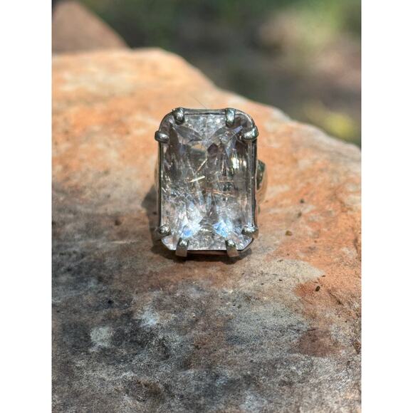 Rutile Quartz Crystal Faceted Hammered Heavy Sterling 925 Silver Ring - Picture 8 of 8